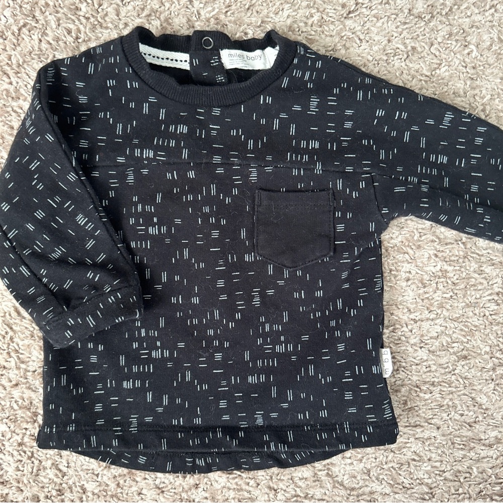 Miles Baby Kids Black White Dash Print Long Sleeve Pocket Tee Shirt 6M - Picture 2 of 9